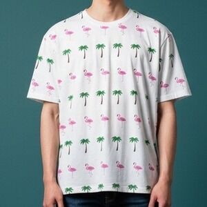 Free Planet T-Shirt Mens Large White Flamingo Palm Tree Tropical Graphic Tee